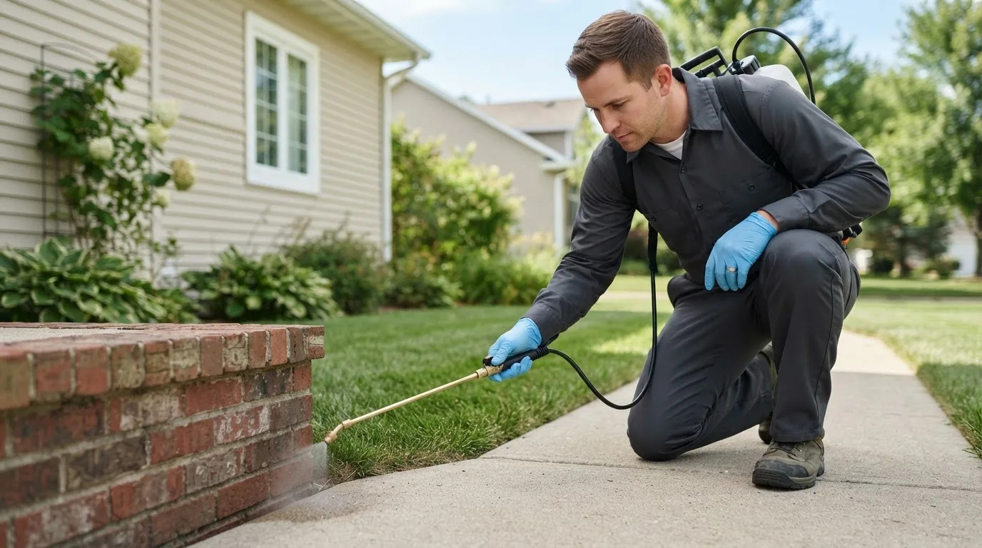Pest control technician treating a home near Kingston, MA